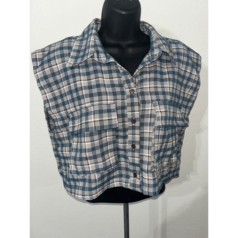 Miss guided Button Down Plaid Sleeveless Cropped Shirt Women Medium Petite
